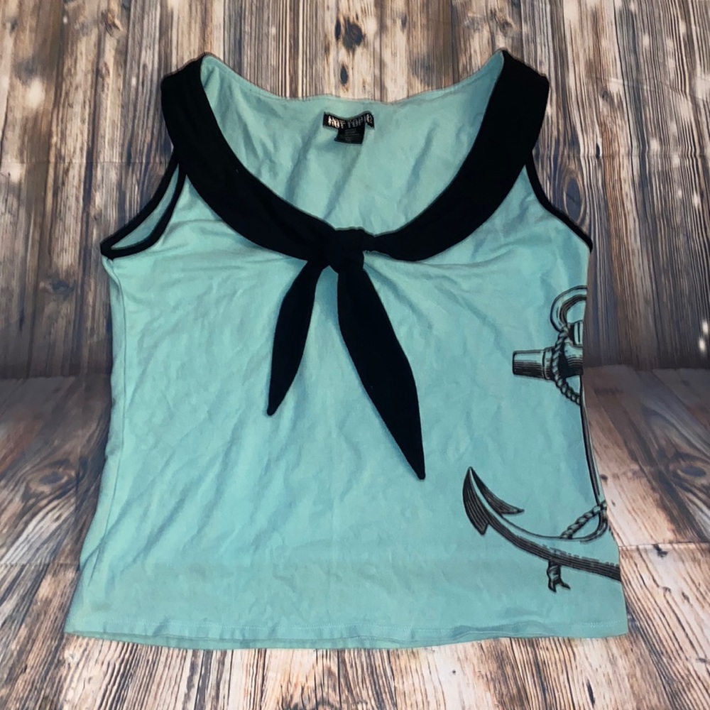 Hot Topic Nautical Sailor Tank w/ Tie Front Sz XL Teal Black Retro Rockabilly